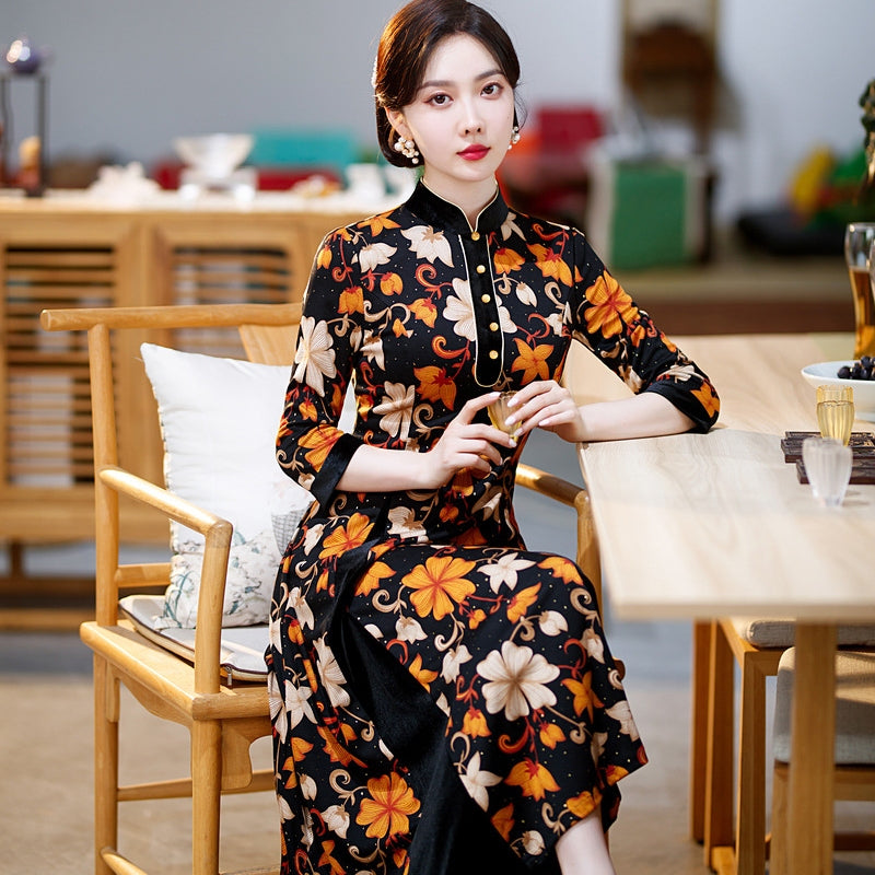 Fashionable Retro Slimming Printed Long Qipao Dress for Daily Wear or  Formal Occasions