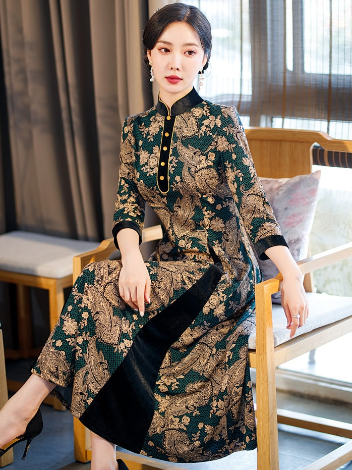 Fashionable Retro Slimming Printed Long Qipao Dress for Daily Wear or  Formal Occasions