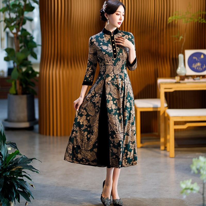 Fashionable Retro Slimming Printed Long Qipao Dress for Daily Wear or  Formal Occasions