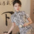 Shanghai Style Retro Black and White Striped Midi Qipao Dress