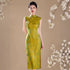 Cheongsam Dress for Women – Acetate Jacquard Flowing Green Long Sleeveless Qipao with Waist Cinching