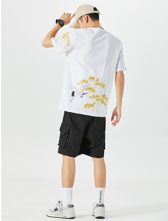 Pine & Crane Embroidery 100% Cotton Short Sleeve Unisex T-shirt