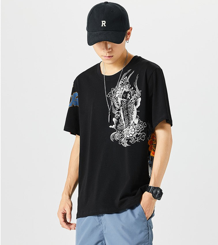 Cyprinus & Dragon Embroidery 100% Cotton Short Sleeve Unisex T-shirt