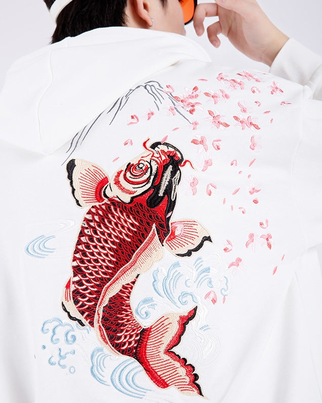 Cyprinus Embroidery unisex Oriental Hoodie Cotton Sweatshirt White / XXL / Thick