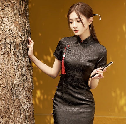 short black chinese dress Black Silk Qipao Dress, Long Wedding Cheongsam, Gold Embroidery, Kaia