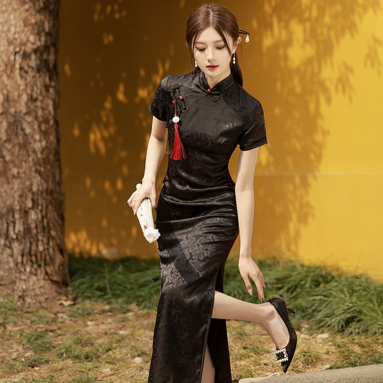 Cap Sleeve Dark Floral Print Full Length A-line Cheongsam Chinese Dress Black / 3XL