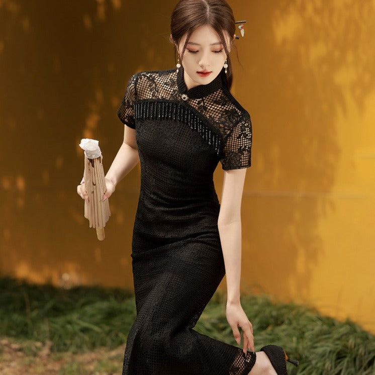 Floral Embroidery Illusion Neck Full Length Mermaid Cheongsam Chinese Dress Black / M Floral Embroidery Illusion Neck Full Length Mermaid Cheongsam Chinese Dress Black / M