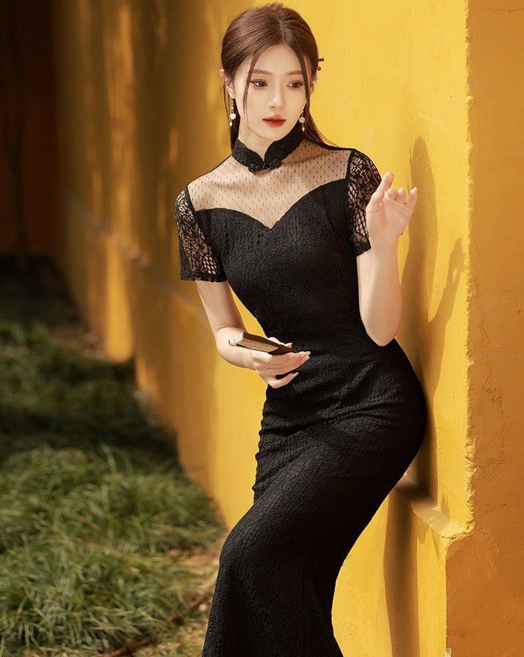 Floral Embroidery Illusion Neck Full Length Mermaid Cheongsam Evening Dress Black / XS Floral Embroidery Illusion Neck Full Length Mermaid Cheongsam Evening Dress Black / XS