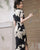 Short Sleeve Floral Print Full Length Cheongsam Silk Chinese Dress