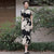 Short Sleeve Floral Print Full Length Cheongsam Silk Chinese Dress