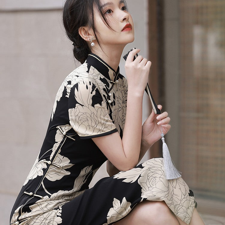 Short Sleeve Floral Print Full Length Cheongsam Silk Chinese Dress Black / M Short Sleeve Floral Print Full Length Cheongsam Silk Chinese Dress Black / M