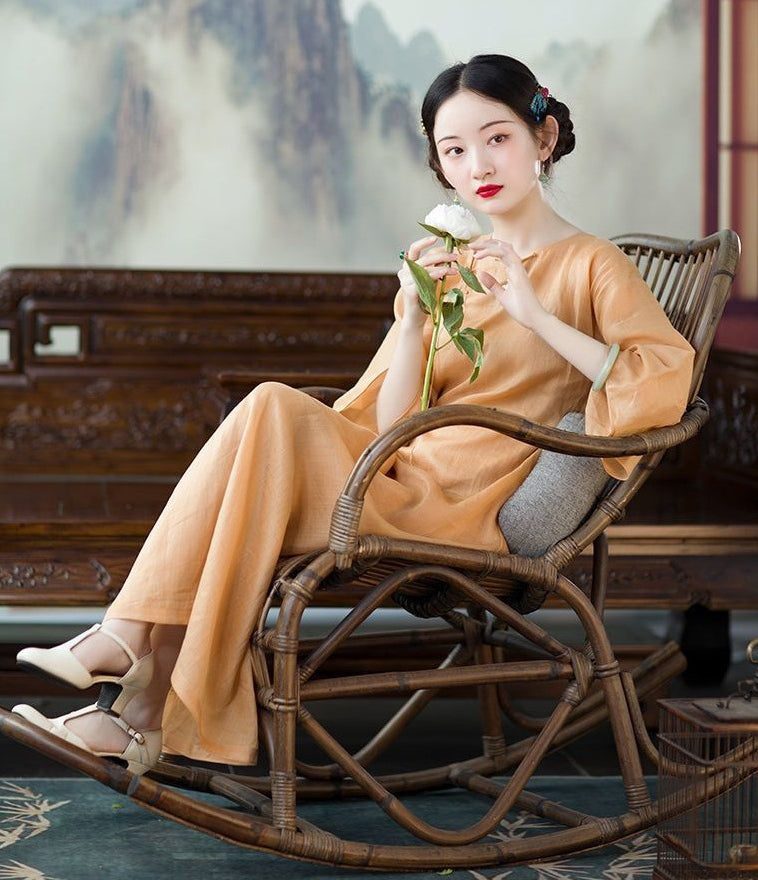 Chinese Style Loose Cheongsam Dress with Round Neck and Trumpet Sleeve IDREAMMART Chinese Style Loose Cheongsam Dress with Round Neck and Trumpet Sleeve IDREAMMART