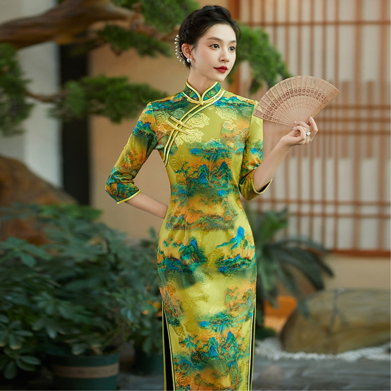 3/4 Sleeve Full Length Traditional Cheongsam Floral Chinese Dress Green / S 3/4 Sleeve Full Length Traditional Cheongsam Floral Chinese Dress Green / S