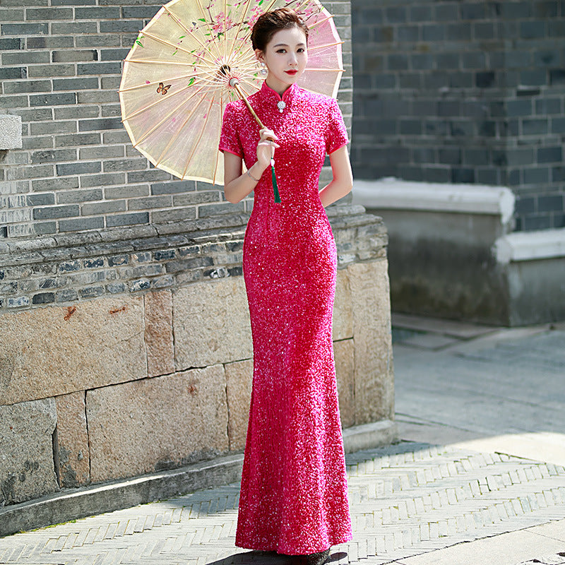 Short Sleeve Full Length Cheongsam Mermaid Chinese Dress Full of Sequins Fushia / L Short Sleeve Full Length Cheongsam Mermaid Chinese Dress Full of Sequins Fushia / L