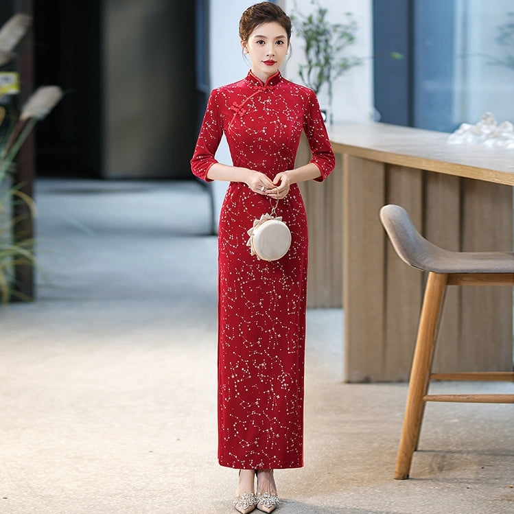 chinese mermaid dress 3/4 Sleeve Full Length Cheongsam Mermaid Chinese Dress Full of Sequins Red / XS