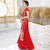 Cap Sleeve Full Length Floral Embroidery & Sequins Cheongsam Ao Dai Dress