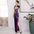 Cap Sleeve Floral Sequins Full Length Cheongsam Chinese Dress Evening Gown