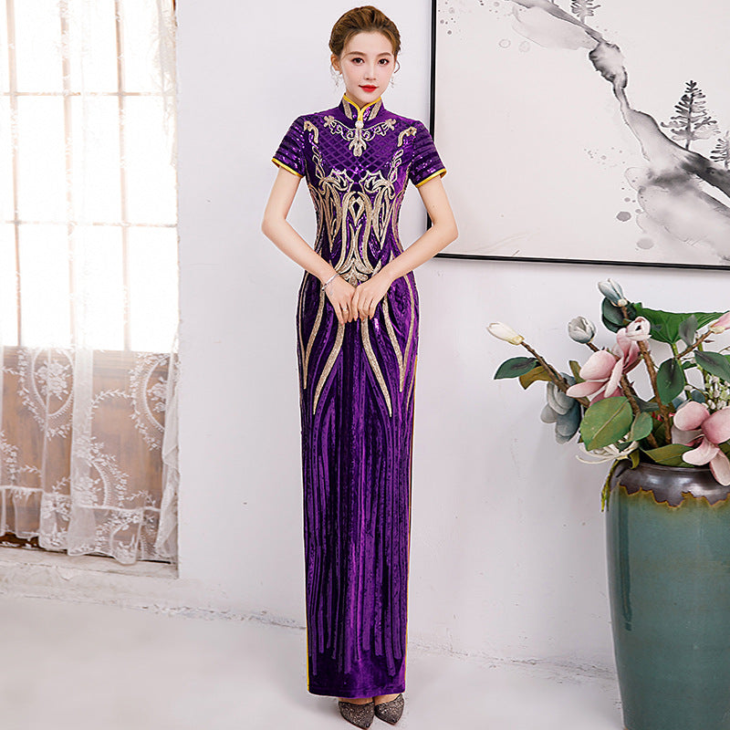 purple cheongsam dress 2024 Purple Embroidered Bamboo Cheongsam Qipao Dress