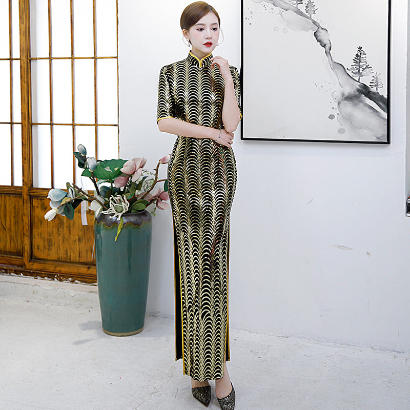 Half Sleeve Full Length Cheongsam Mermaid Chinese Dress Full of Sequins Gold / L