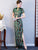 Short Sleeve Full Length Peacock Feather Sequins Cheongsam Chinese Dress