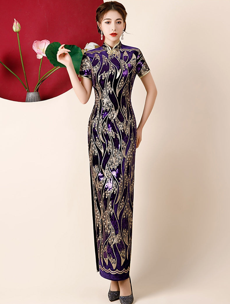 Short Sleeve Full Length Foral Sequins Cheongsam Chinese Dress Evening Gown Purple / XS Short Sleeve Full Length Foral Sequins Cheongsam Chinese Dress Evening Gown Purple / XS
