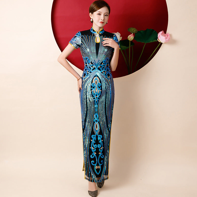 Short Sleeve Full Length Peacock Feather Sequins Cheongsam Chinese Dress Blue / M Short Sleeve Full Length Peacock Feather Sequins Cheongsam Chinese Dress Blue / M