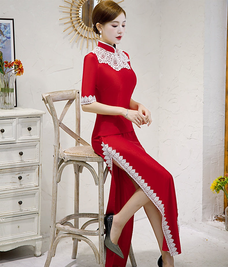 Floral Lace Edge Half Sleeve Cheongsam A-line Chinese Dress Evening Gown Red / 4XL Floral Lace Edge Half Sleeve Cheongsam A-line Chinese Dress Evening Gown Red / 4XL