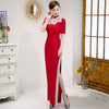 Floral Lace Edge Half Sleeve Cheongsam A-line Chinese Dress Evening Gown