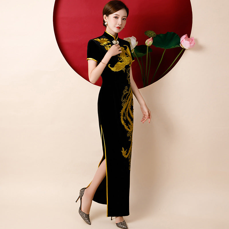 New Sequins Cheongsam Embroidered High-slit China Formal Evening Dress Women Short-Sleeve Long Dress