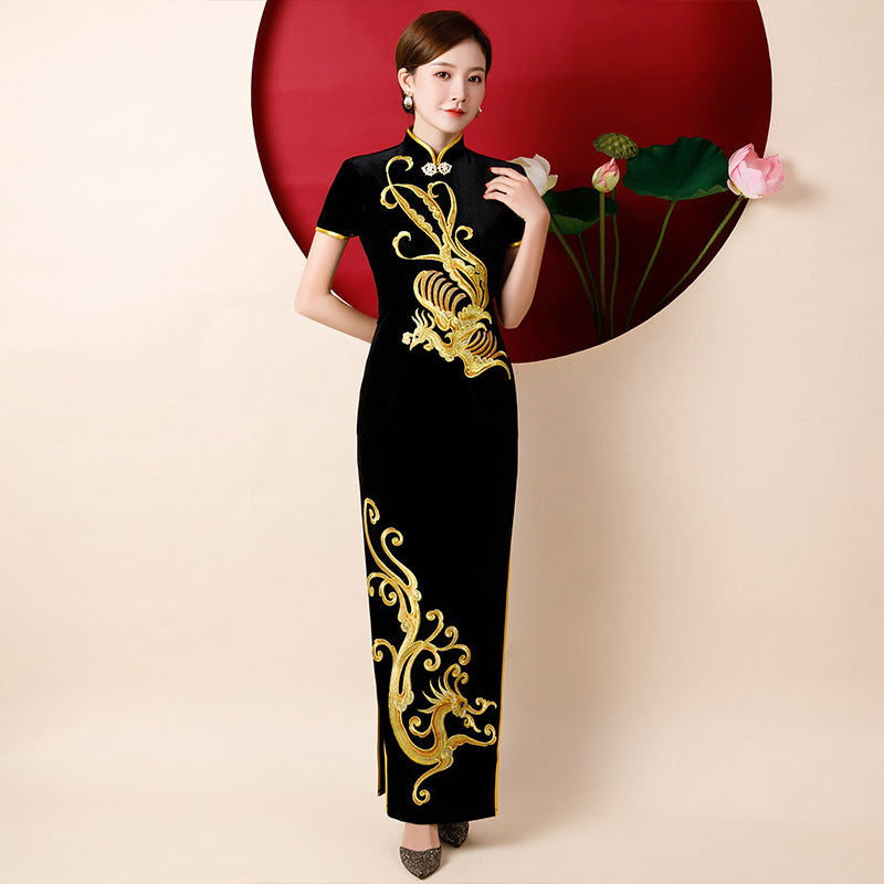 Phoenix & Dragon Embroidery Velvet Cheongsam Chinese Dress Evening Gown Black / 4XL Phoenix & Dragon Embroidery Velvet Cheongsam Chinese Dress Evening Gown Black / 4XL
