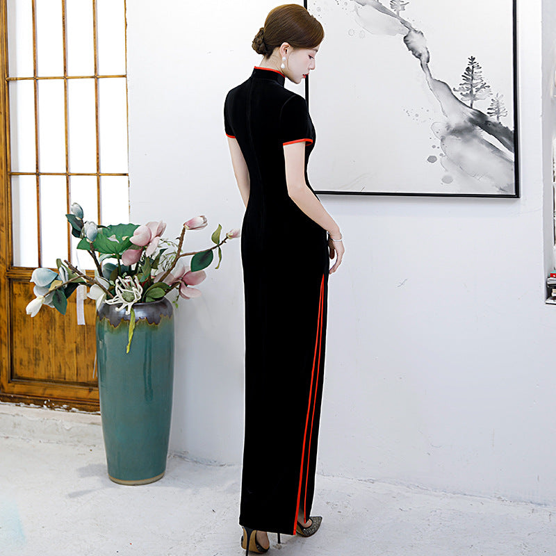 Short Sleeve Floral & Bird Embroidery Velvet Cheongsam Mermaid Chinese Dress Evening Gown Black / M Short Sleeve Floral & Bird Embroidery Velvet Cheongsam Mermaid Chinese Dress Evening Gown Black / M