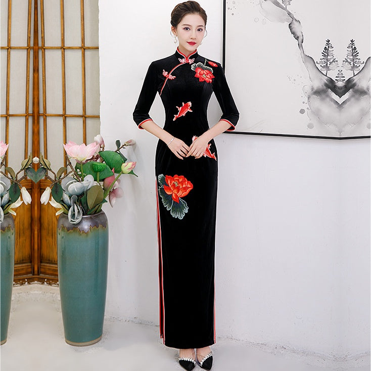 Flower & Fish Embroidery Velvet Cheongsam Chinese Dress Evening Gown Black / L Flower & Fish Embroidery Velvet Cheongsam Chinese Dress Evening Gown Black / L