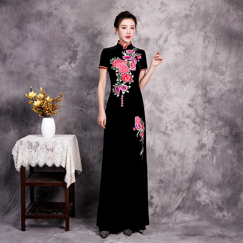 Short Sleeve Flower Embroidery Velvet Cheongsam A-line Chinese Dress Evening Gown Black / XS Short Sleeve Flower Embroidery Velvet Cheongsam A-line Chinese Dress Evening Gown Black / XS