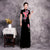 Short Sleeve Flower Embroidery Velvet Cheongsam A-line Chinese Dress Evening Gown