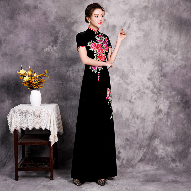 Short Sleeve Flower Embroidery Velvet Cheongsam A-line Chinese Dress Evening Gown Black / XS Short Sleeve Flower Embroidery Velvet Cheongsam A-line Chinese Dress Evening Gown Black / XS