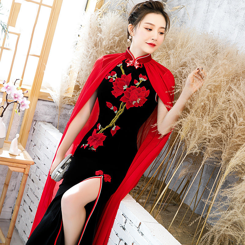 Front Split Flower Embroidery Velvet Cheongsam Mermaid Chinese Dress Evening Gown Black / XS Front Split Flower Embroidery Velvet Cheongsam Mermaid Chinese Dress Evening Gown Black / XS