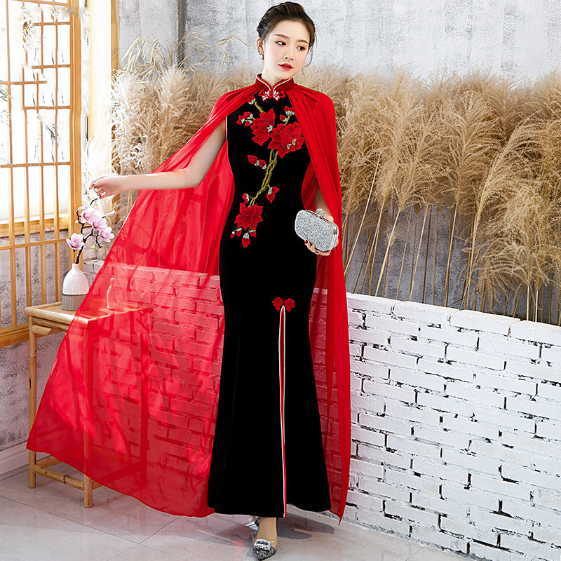 Front Split Flower Embroidery Velvet Cheongsam Mermaid Chinese Dress Evening Gown Black / XS Front Split Flower Embroidery Velvet Cheongsam Mermaid Chinese Dress Evening Gown Black / XS