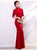3/4 Sleeve Peony Embroidery Velvet Cheongsam Mermaid Chinese Dress Evening Gown