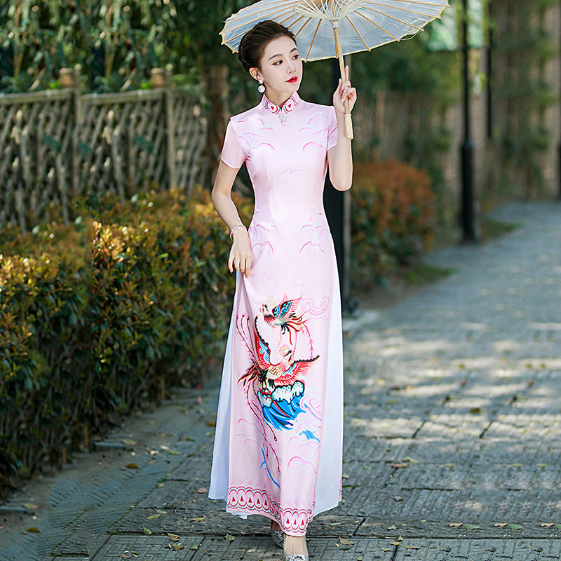 Elegant and Graceful Vietnamese AO Dai Authentic Modified Summer Long Performance Cheongsam Dress Pink / XL Elegant and Graceful Vietnamese AO Dai Authentic Modified Summer Long Performance Cheongsam Dress Pink / XL