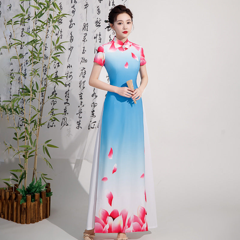 vietnamese formal dress Elegant and Graceful Vietnamese Ao Dai Authentic Modified Summer Long Performance Cheongsam Dress Blue / XL