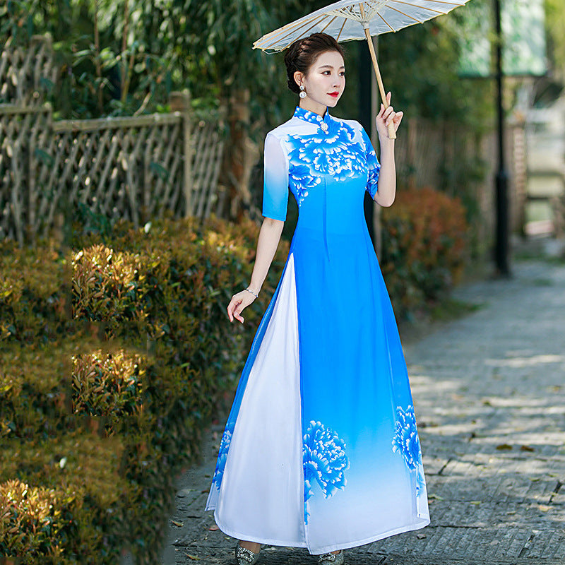 ao dai dress Elegant and Graceful Vietnamese Ao Dai Authentic Modified Summer Long Performance Cheongsam Dress Blue / XS