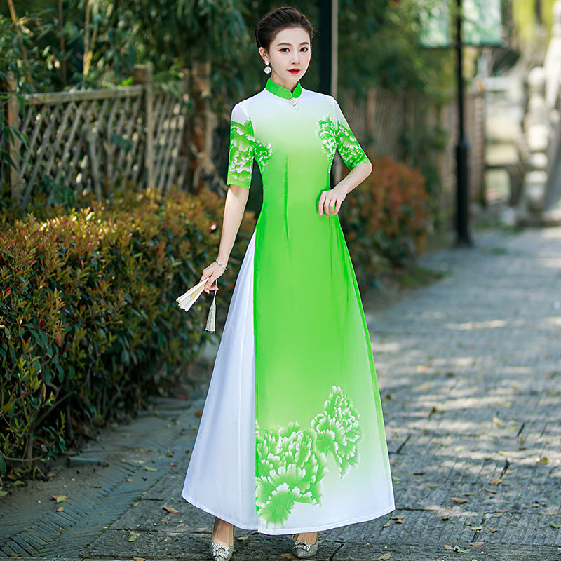 Elegant and Graceful Vietnamese Ao Dai Authentic Modified Summer Long Performance Cheongsam Dress Green / 4XL