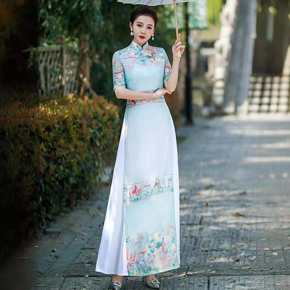 Elegant and Graceful Vietnamese AO Dai Authentic Modified Summer Long Performance Cheongsam Dress Blue / M Elegant and Graceful Vietnamese AO Dai Authentic Modified Summer Long Performance Cheongsam Dress Blue / M