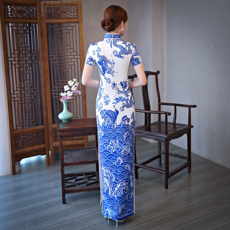 Elegant Blue and White Porcelain Long Cheongsam Modern Daily Plus Size – IDREAMMART
