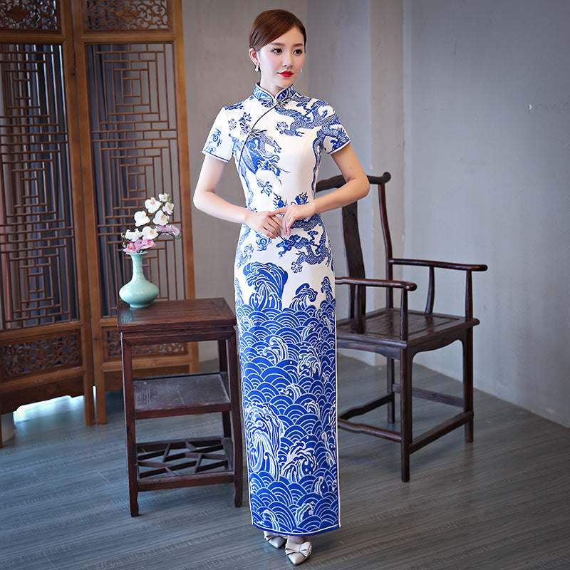Elegant Blue and White Porcelain Long Cheongsam Modern Daily Plus Size Slimming Chinese Dress Blue / L Elegant Blue and White Porcelain Long Cheongsam Modern Daily Plus Size Slimming Chinese Dress Blue / L