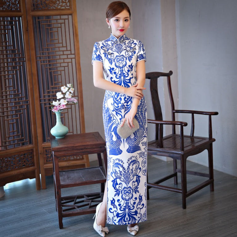 Elegant Blue and White Porcelain Long Cheongsam Modern Daily Plus Size – IDREAMMART