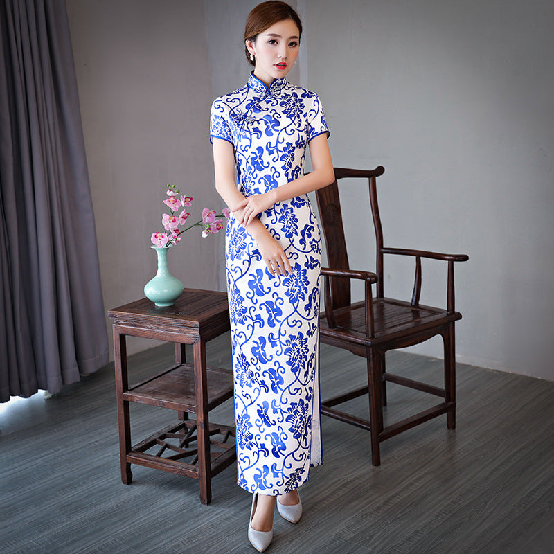 chinese blue dress size Elegant Blue and White Porcelain Long Cheongsam Modern Daily Plus Size Slimming Chinese Dress Blue / 3XL