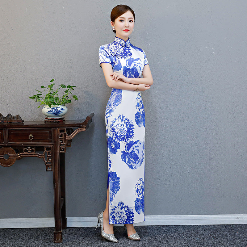 Elegant Blue and White Porcelain Long Cheongsam Modern Daily Plus Size Slimming Chinese Dress Blue / 4XL Elegant Blue and White Porcelain Long Cheongsam Modern Daily Plus Size Slimming Chinese Dress Blue / 4XL