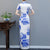 Elegant Blue and White Porcelain Long Cheongsam Modern Daily Plus Size Slimming Chinese Dress