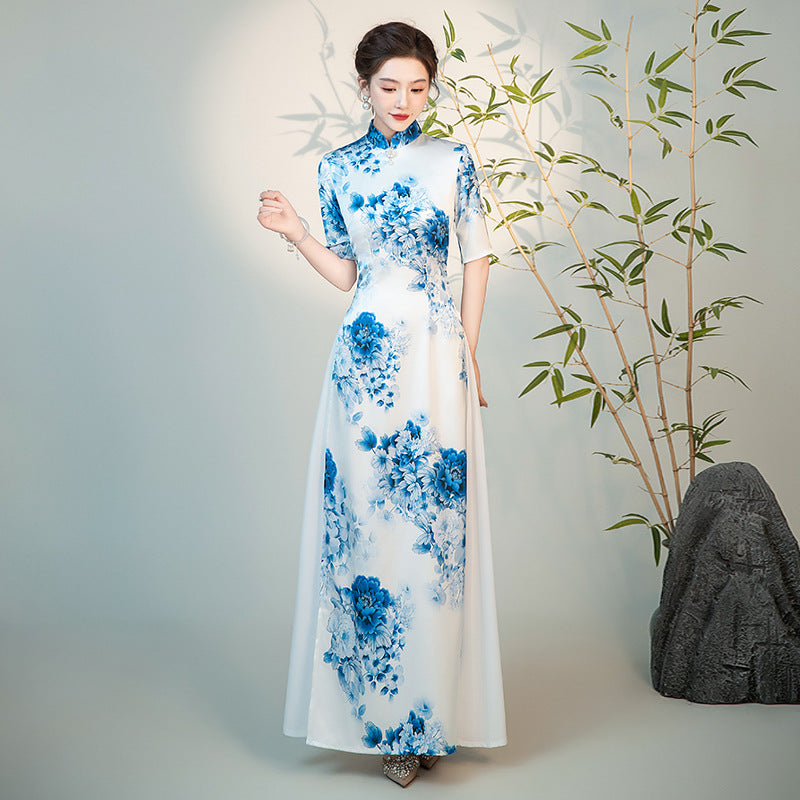 blue vietnamese dress Vietnamese Ao Dai Elegant Sky Blue Floral Dress